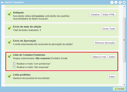 envio para contatos 'No Responde' e 'Com Problemas'